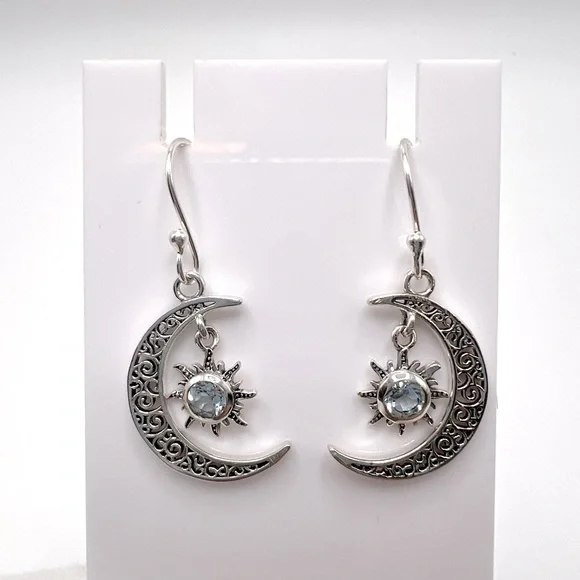 Genuine Blue Topaz .925 Sterling Silver Moon and Sun Earrings - Picture 5 of 14